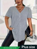 【Plus Size】 Solid Color V Neck Tee, Casual Short Sleeve T-shirt for Summer, T Shirts for Women, Women's Plus Clothing for...