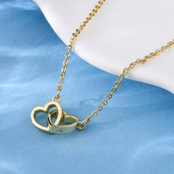 Interlocking Heart Brass Micro Pave Clear Cubic Zirconia Pendant Necklaces for Women