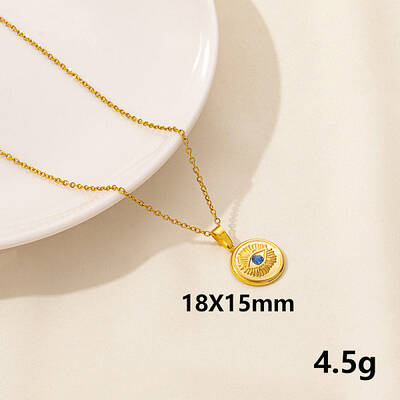 Stylish Stainless Steel Rhinestones Flat Round with Evil Eye Pendant Necklace