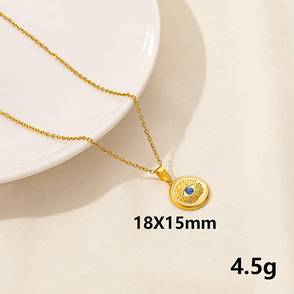 Stylish Stainless Steel Rhinestones Flat Round with Evil Eye Pendant Necklace