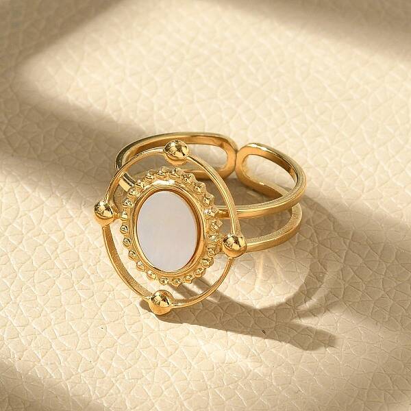 Oval 304 Stainless Steel White Shell Finger Rings for Women