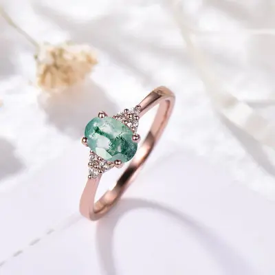 Oval Natural Moss Agate Rose Gold Women Wedding Ring