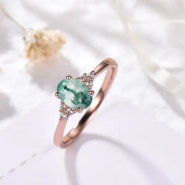 Oval Natural Moss Agate Rose Gold Women Wedding Ring