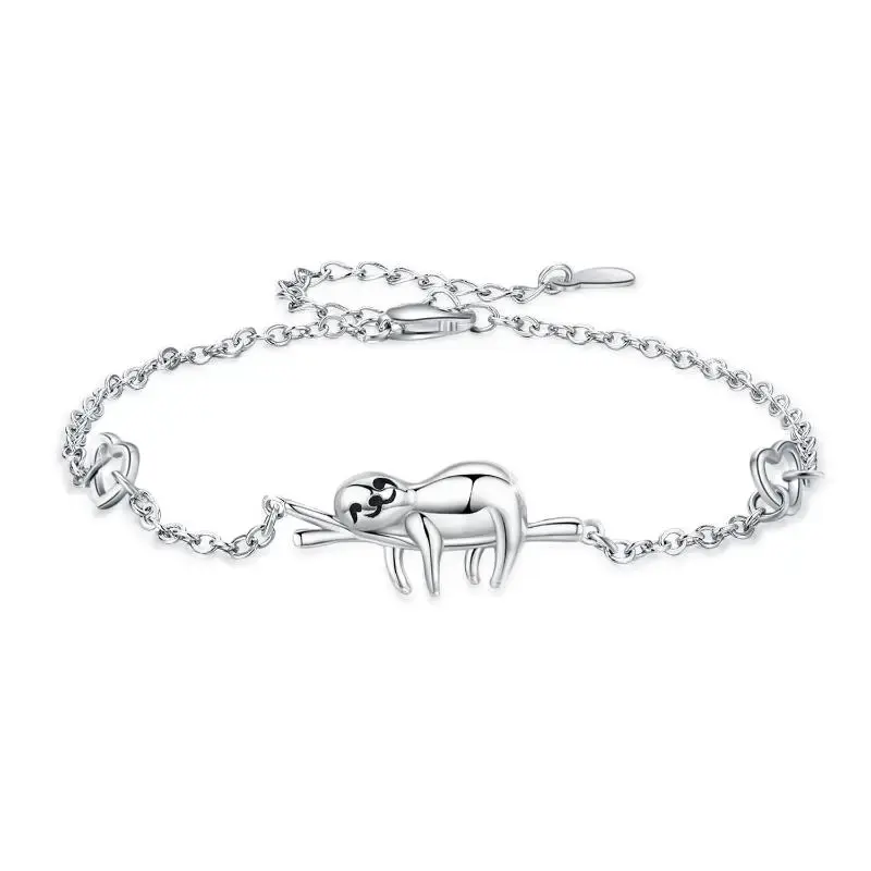 Sterling Silver Sloth On Branch Heart Charm Bracelet