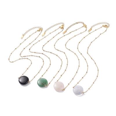 Flat Round Natural Mixed Stone Pendant Necklace for Girl Women