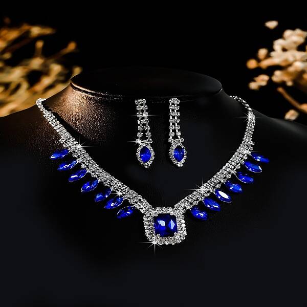 Alloy Rhinestone Rectangle Pendant Necklaces & Horse Eye Stud Earring Sets for Women