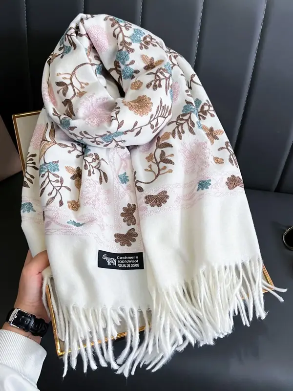 Boho Style Plants Embroidery Double Sided Scarf, Casual Soft Warm Fringe Trim Shawl for Women & Men, Fashion Accessories for ...