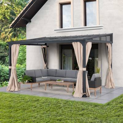SUNJOY 10x12 Metal Roof Wall Mounted Gazebo, Lean to Gazebo with Curtain and Netting