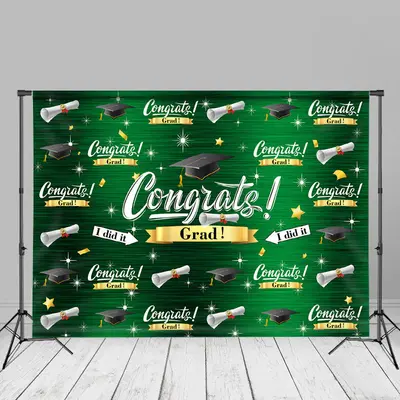 Mortarboard Stars Green Congrats Grad Party Backdrop - Aperturee