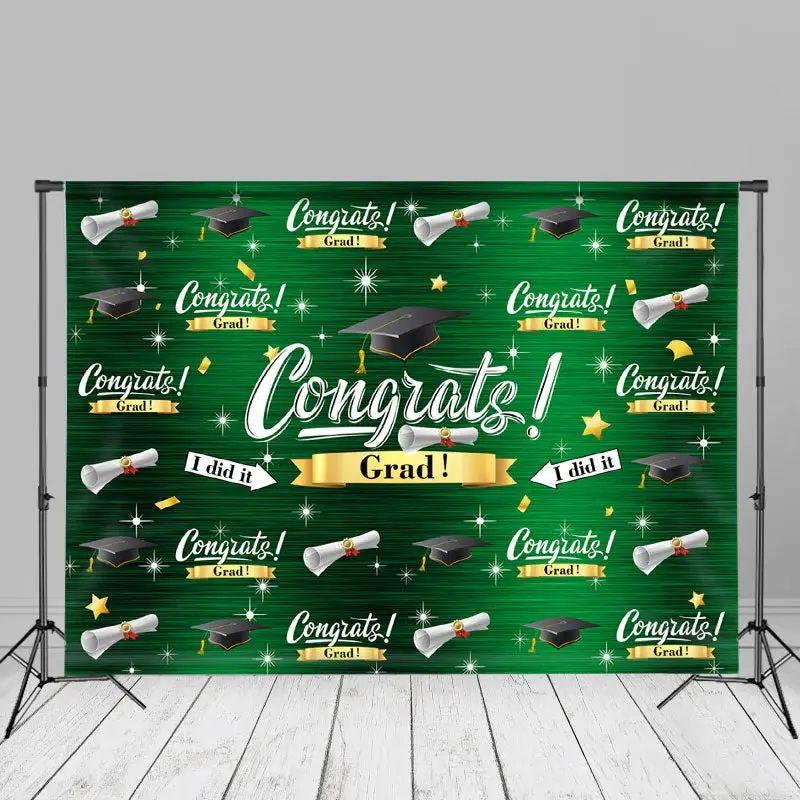 Mortarboard Stars Green Congrats Grad Party Backdrop - Aperturee