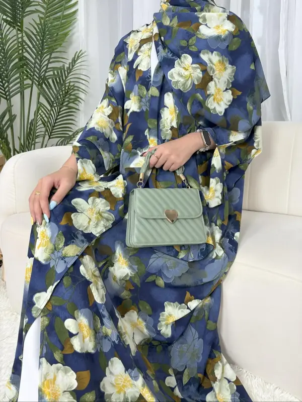 Women's Floral Print Long Sleeve Abaya & Hijab Set, Elegant Casual Abaya & Headscarf Set for Daily Wear, Ladies Islamic Clot...