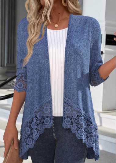 Modlily Denim Blue Patchwork 3/4 Sleeve Light Cardigan - XL