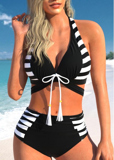 Modlily Bowknot Cutout Striped Black Bikini Set - XXL