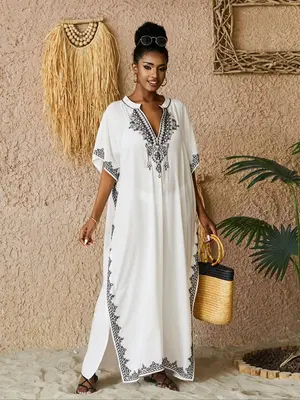 Arabic Clothing- Contrast Binding Notched Side Split Arabian Dress, Modesty Casual Embroidery Batwing Sleeve Kaftan, Summer C...