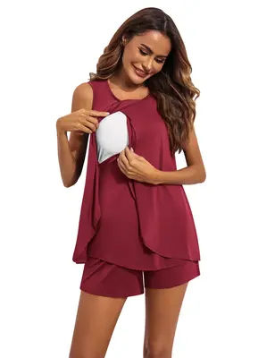 Ekouaer Women Maternity Nursing Pajama Set Breastfeeding Sleepwear Double Layer Sleeveless Top & Shorts Pregnancy PJS hospita...