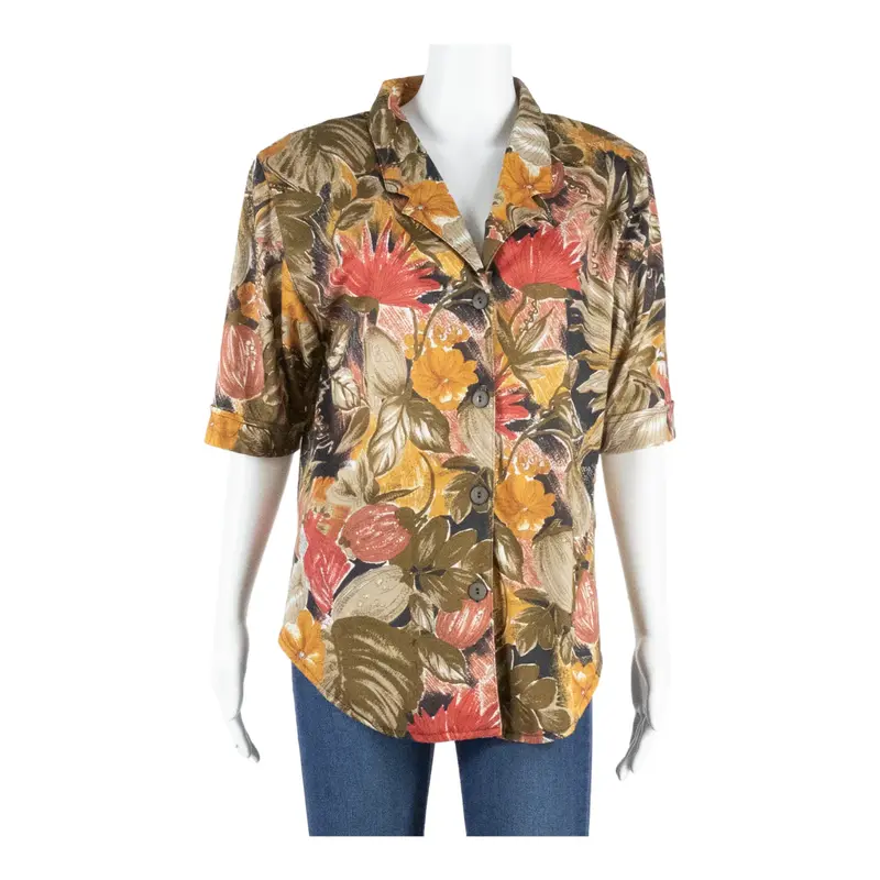 Womens Printed Blouse Brown V-Neck Floral L