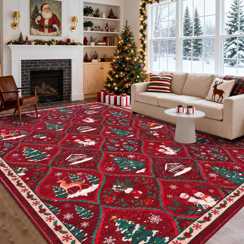 Garvee Christmas Washable Rug 5x7 Red - Non-Slip, Stain Resistant - Low Pile, Durable Faux Wool - Living Room, Bedroom, Offic...