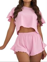 Two-piece Set Women's Solid Color Ruffle Hem Crop Top & Shorts Pyjama Set, Soft Casual Comfy Drop Shoulder Top & Shorts Pj Se...