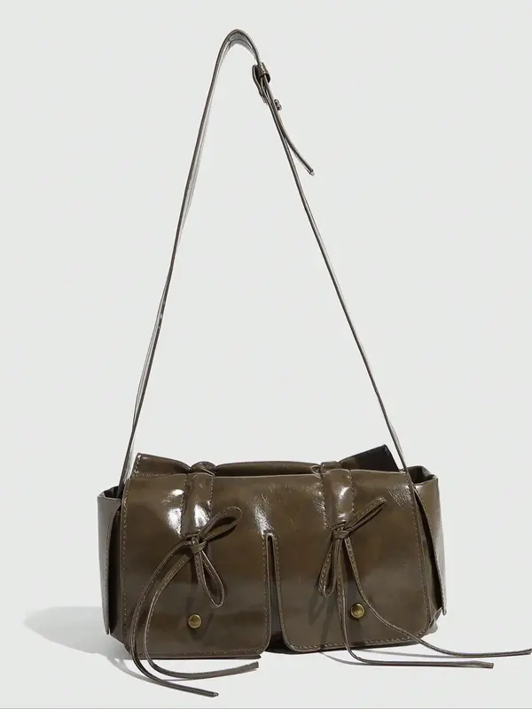 Women's Bowknot Design Ruched Shoulder Bag, Summer Fashionable Plain Color Crossbody Bag with Adjustable Strap, Simple All-ma...