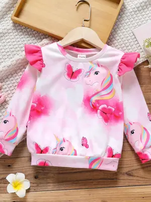 Toddler Girl's Cute Cartoon Unicorn Print Ruffle Trim Long Sleeve Sweatshirt, Fashion Casual Round Neck Pullover for Fall & W...