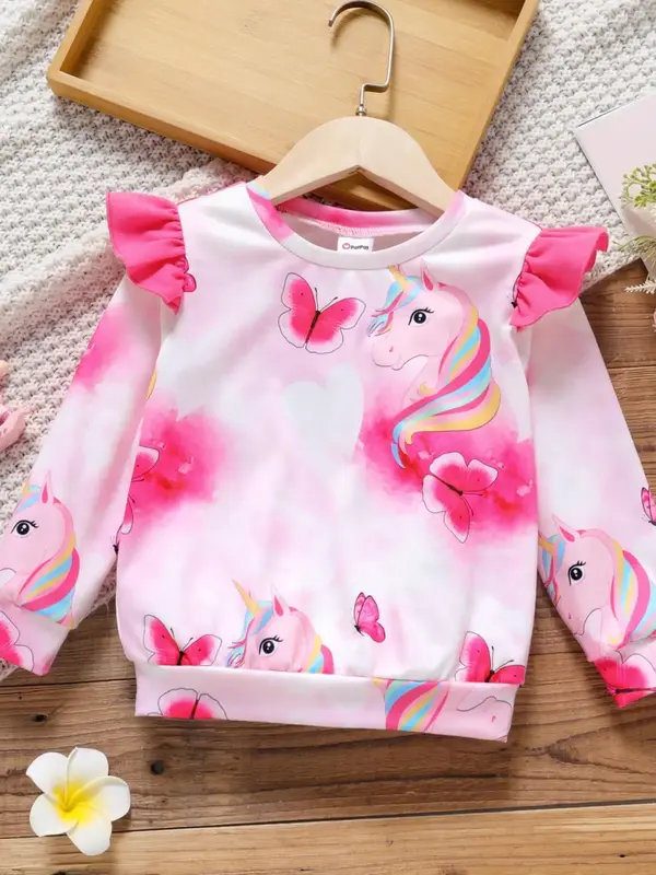 Toddler Girl's Cute Cartoon Unicorn Print Ruffle Trim Long Sleeve Sweatshirt, Fashion Casual Round Neck Pullover for Fall & W...