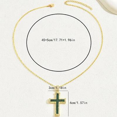 Brass Cubic Zirconia Cross Pendant Cable Chain Necklaces