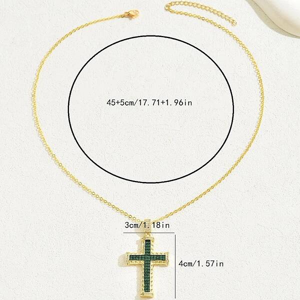 Brass Cubic Zirconia Cross Pendant Cable Chain Necklaces