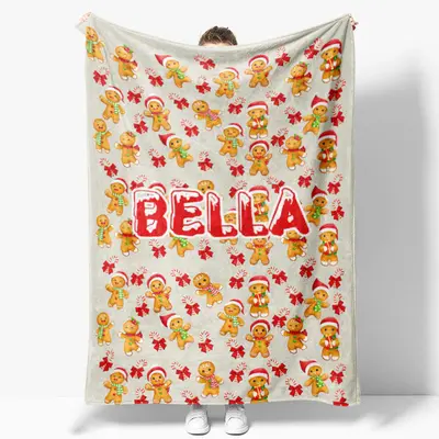 Custom Name Gingerbread Man Repeat Christmas Blanket - Aperturee