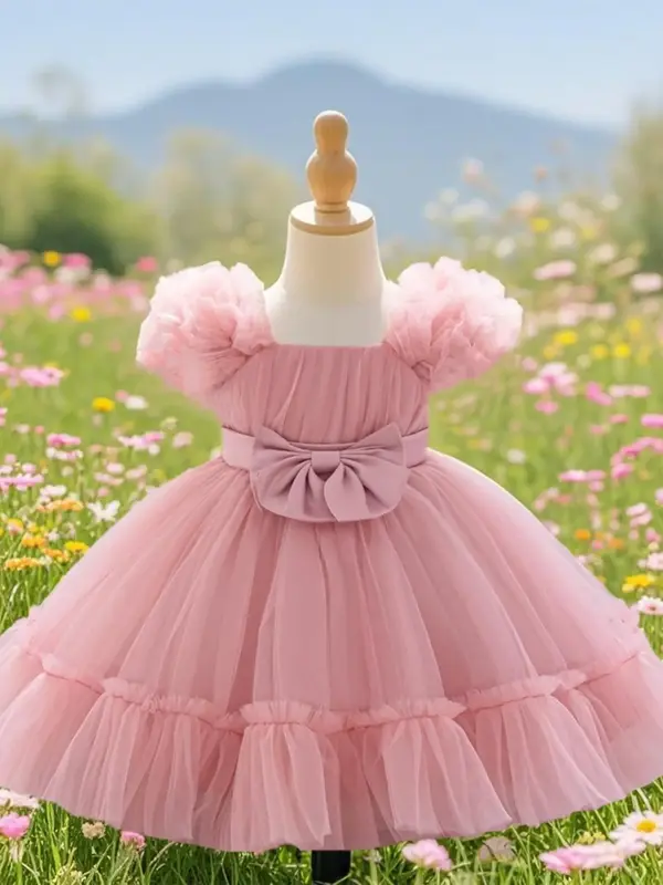 Toddler Girl's Floral Print Mesh Overlay Dress, Elegant Bow Decor Sleeveless Party Dress for Wedding Party, Kids Clothes for ...