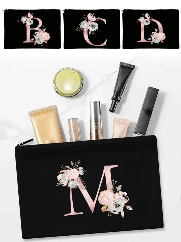 Letter & Floral Pattern Makeup Bag, Zipper Makeup Organizer Pouch, Cosmetic Storage Bag, Travel Toiletry Storage Bag for Make...