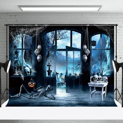 Skeleton Scary Moon Haunted House Halloween Backdrop - Aperturee