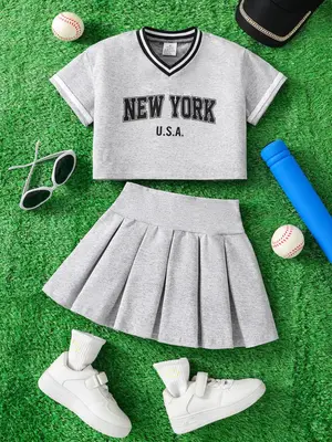 Girl's Letter Print Tee & Solid Color Pleated Skirt Two-piece Set, Casual Fashion Cozy Two Piece Set for Daily Outdoor Wear, ...