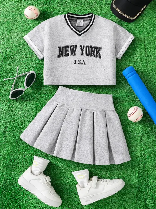 Girl's Letter Print Tee & Solid Color Pleated Skirt Two-piece Set, Casual Fashion Cozy Two Piece Set for Daily Outdoor Wear, ...