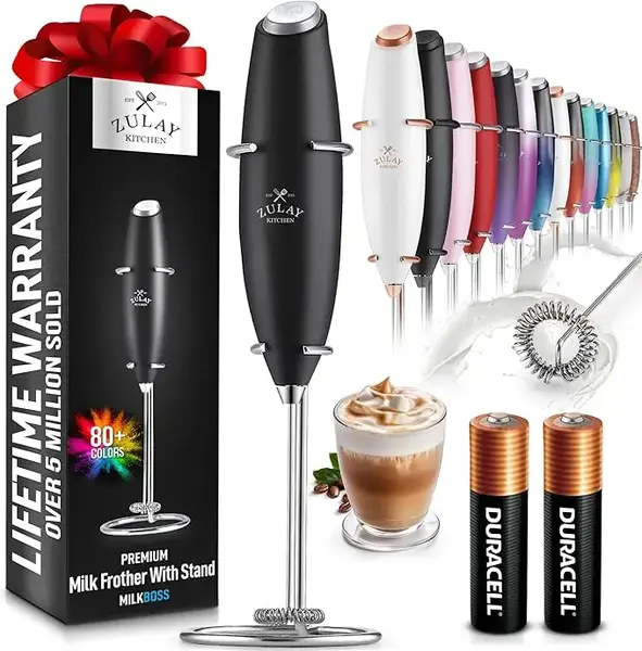 Zulay Kitchen Premium Milk Frother with Stand - Ultra-Fast Handheld Mixer for Coffee Lattes Matcha - Color Options Comes with...