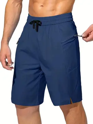 Men's Solid Zipper Pocket Drawstring Waist Shorts, Regular Fit Casual Straight Leg Shorts for Summer, Fashion Men's Bottoms f...