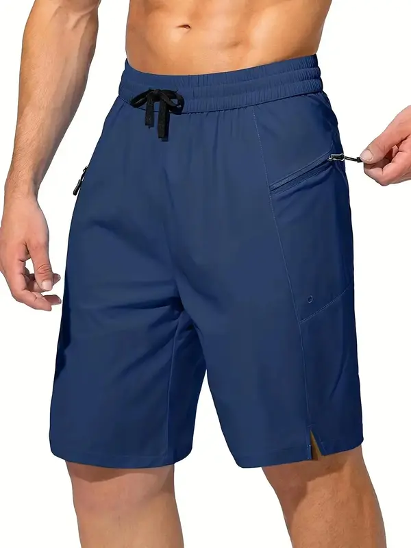 Men's Solid Zipper Pocket Drawstring Waist Shorts, Regular Fit Casual Straight Leg Shorts for Summer, Fashion Men's Bottoms f...