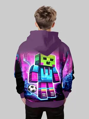 Pixel Art Cartoon Hoodie for Boys, Casual Streetwear, Game-Themed Design, Comfortable Fit, Perfect for Daily Wear & Outdoor A...