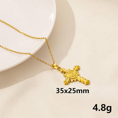 Vintage Stainless Steel Cross with Rose Pendant Lock Collarbone Chain Necklace for Women
