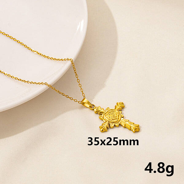 Vintage Stainless Steel Cross with Rose Pendant Lock Collarbone Chain Necklace for Women