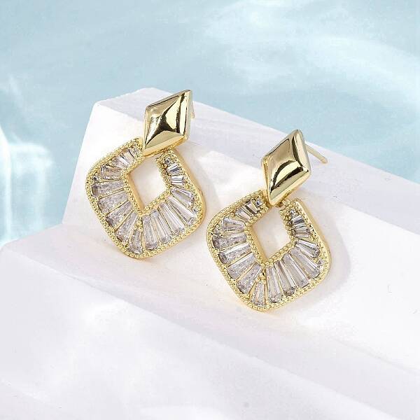 Rhombus Brass Micro Pave Clear Cubic Zirconia Dangle Stud Earrings