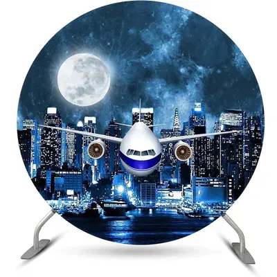 Aperturee High Builddings And Airplane Round Birthday Backdrop Kit | Birthday Round Backdrop Cover | Circle Party Backdrop | ...