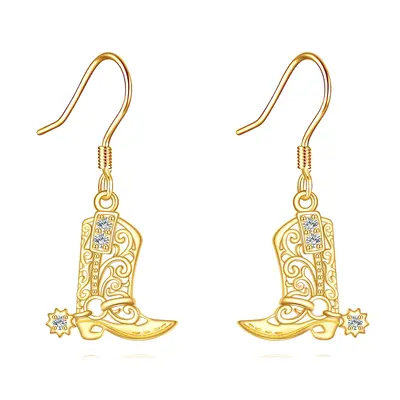 14K Gold Cubic Zirconia Texas Boots Drop Earrings