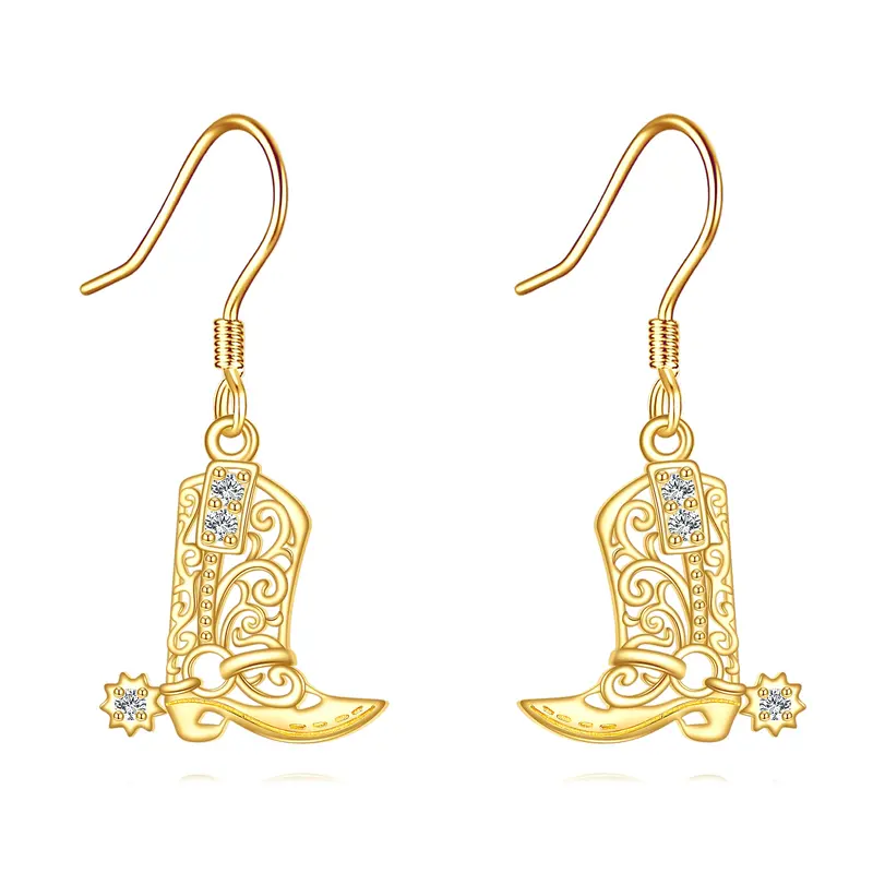 14K Gold Cubic Zirconia Texas Boots Drop Earrings