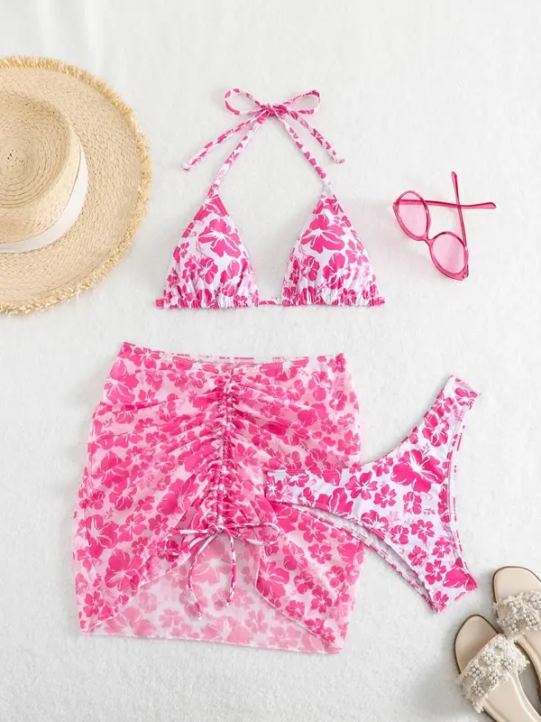 3 Counts Women's Sexy Floral Print Bikinis Set, Elegant Halter Neck Triangle Swim Bra & Drop Waist Swim Panty & Drawstrin...