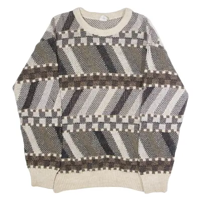 Mens Patterned Jumper Brown Geometric Crew Neck 90s Tight Knit Wool M