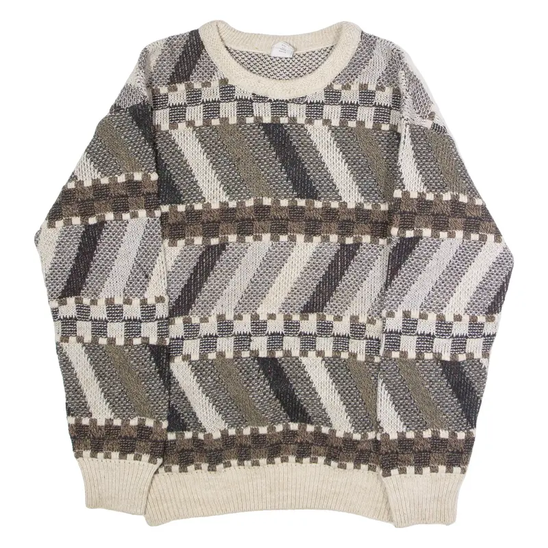 Mens Patterned Jumper Brown Geometric Crew Neck 90s Tight Knit Wool M