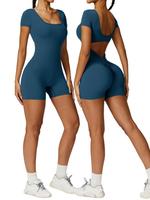 Women's Solid U Neck Sports Bodysuit, Casual Comfy Breathable Short Sleeve Bodycon Bodysuit for Yoga Gym Workout, Ladies Spor...