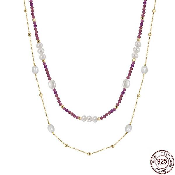Natural Lepidolite & Pearl Beaded Double Layer Necklaces