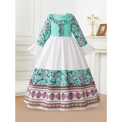 Girls' Elegant Long-Sleeve Embroidered Arab Kaftan Dress - Green Floral Patchwork Design with Belt, Perfect for Performances ...