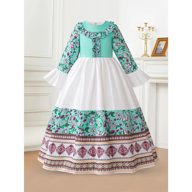 Girls' Elegant Long-Sleeve Embroidered Arab Kaftan Dress - Green Floral Patchwork Design with Belt, Perfect for Performances ...